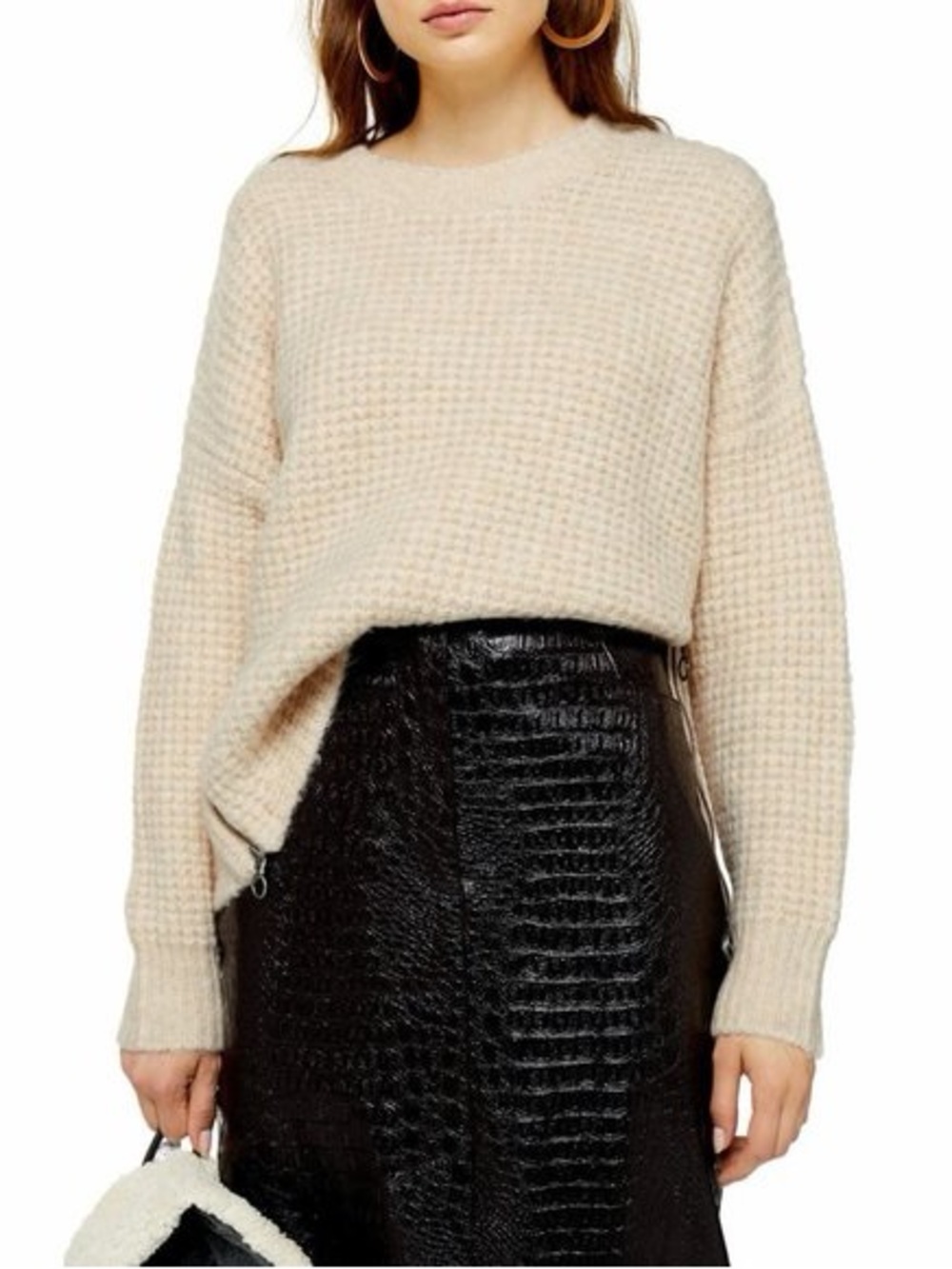 Topshop Cream Waffle Knit Crew Sweater with Side Zipper Detail Size US 12